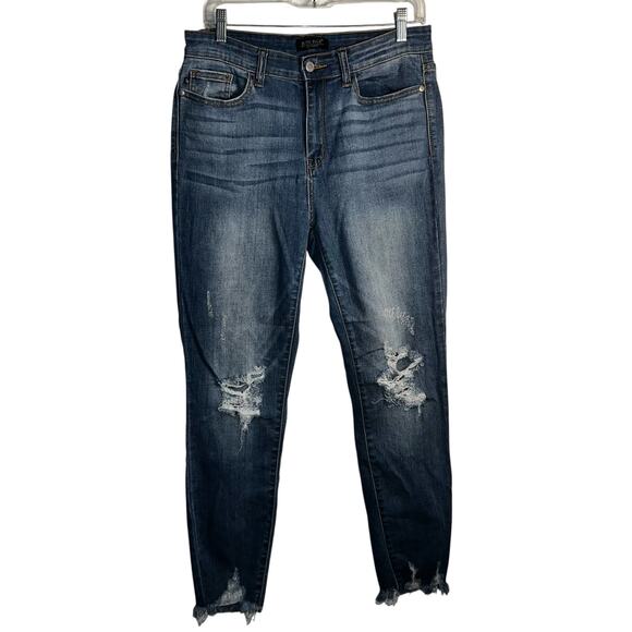 Judy Blue Distressed Skinny Jeans Size 11/30 Medium Wash Raw Hem Stretch Denim - Picture 1 of 7
